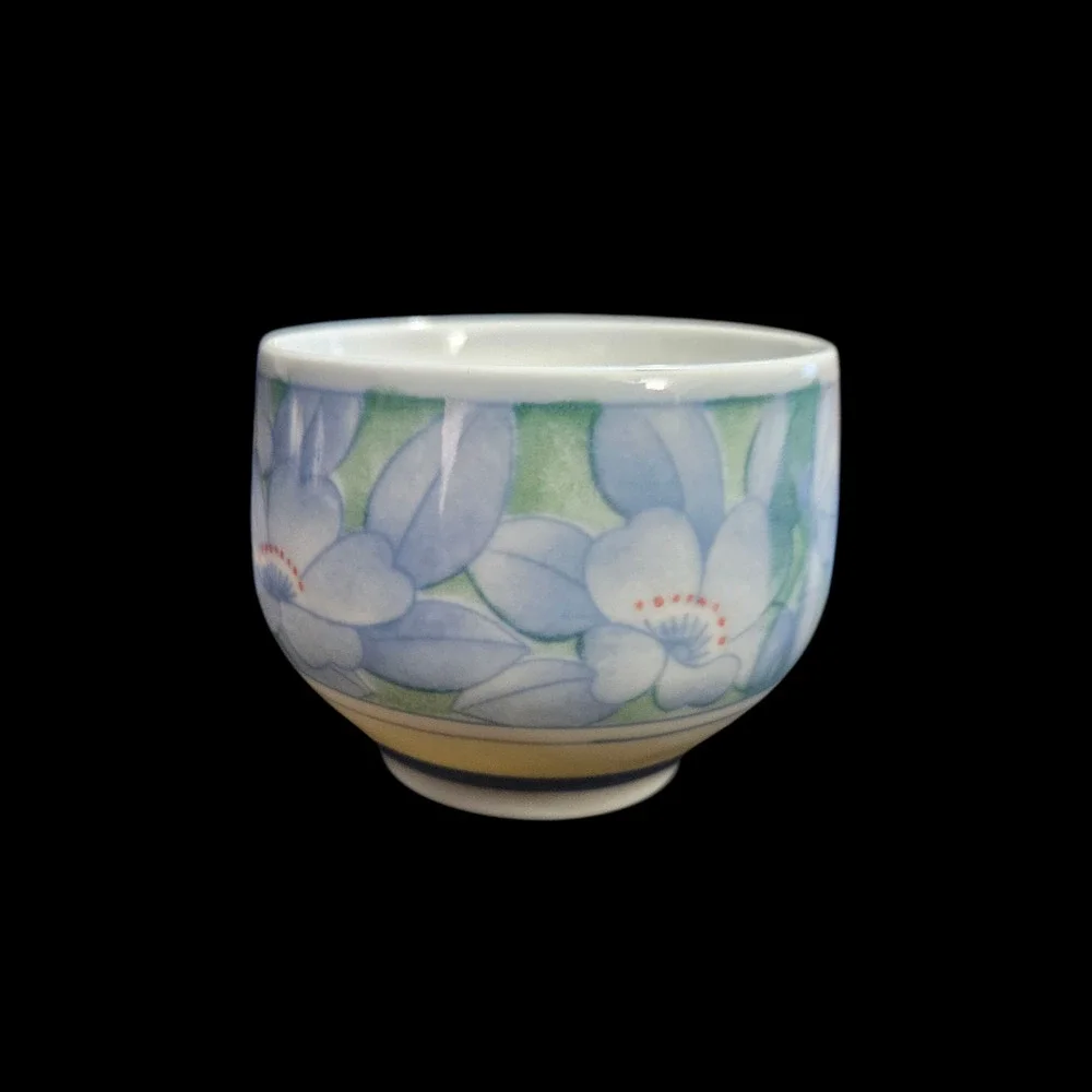 Set of 3 Floral Ceramic Tea Cups Pastel Blue Green Handleless Asian Style